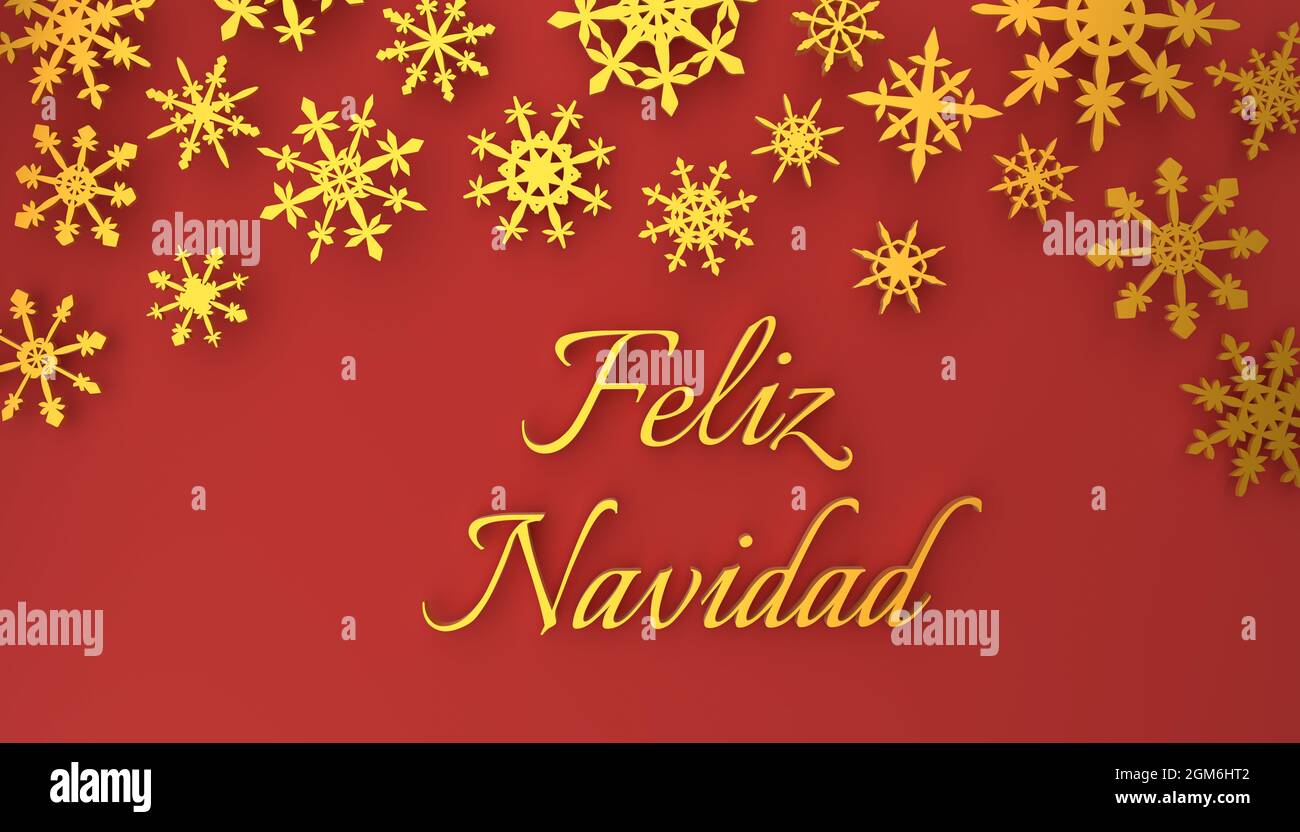 Modernes Spanisch Frohe Weihnachten Hintergrund goldenen Text und Schneeflocken auf einem roten Hintergrund, 3d-Rendering, 3d-Illustration Stockfoto