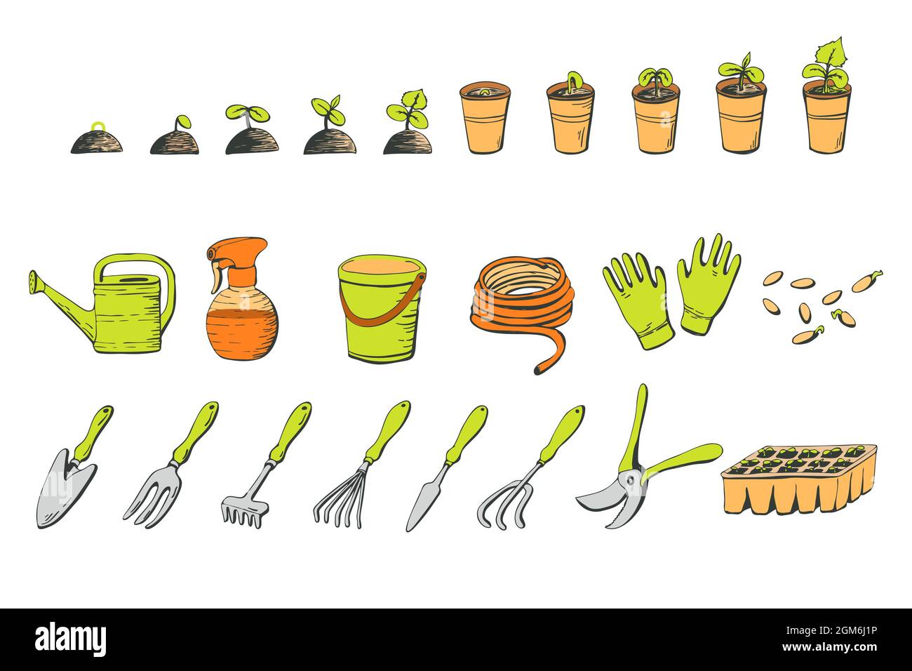 Eine Reihe von Objekten zum Thema Gartenarbeit, Gartengeräte, gekeimte Sämlinge, Sämlinge im Doodle-Stil auf einem weißen isolierten Hintergrund Stock Vektor