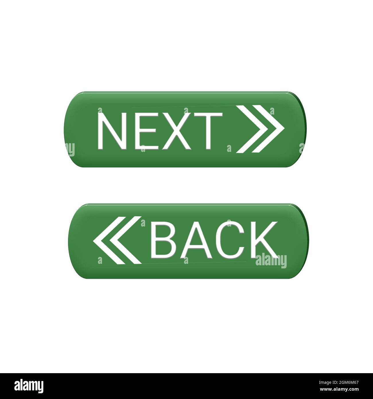 Schaltflächen „Weiter“ und „Zurück“ für das Web-Symbol, grün, weißer Hintergrund Stockfoto
