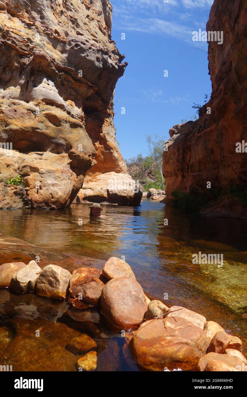 Touristen, die in der natürlichen Thermalquelle schwimmen, Nanny's Retreat, Lorella Springs Station, East Arnhemland, Northern Territory, Australien. Nein, MR Stockfoto