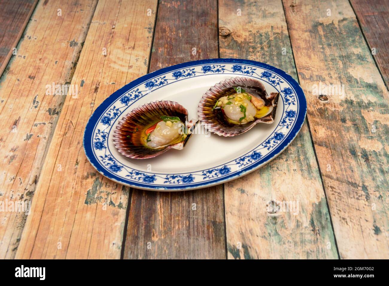 Weißes Tablett mit blauem Rand und zwei Jakobsmuscheln mit Muscheln, die nach einem typisch galizischen Rezept zubereitet werden. Stockfoto