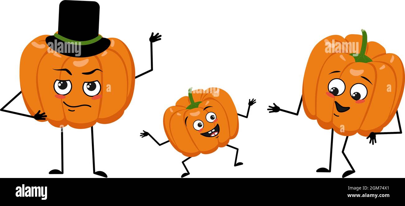 Familie von niedlichen Kürbis Zeichen mit glücklichen Emotionen. Mama, Papa und das Kind tanzen. Fröhliches Gemüse für den Urlaub Halloween. Festliche Herbstdekoration für Oktober Stock Vektor