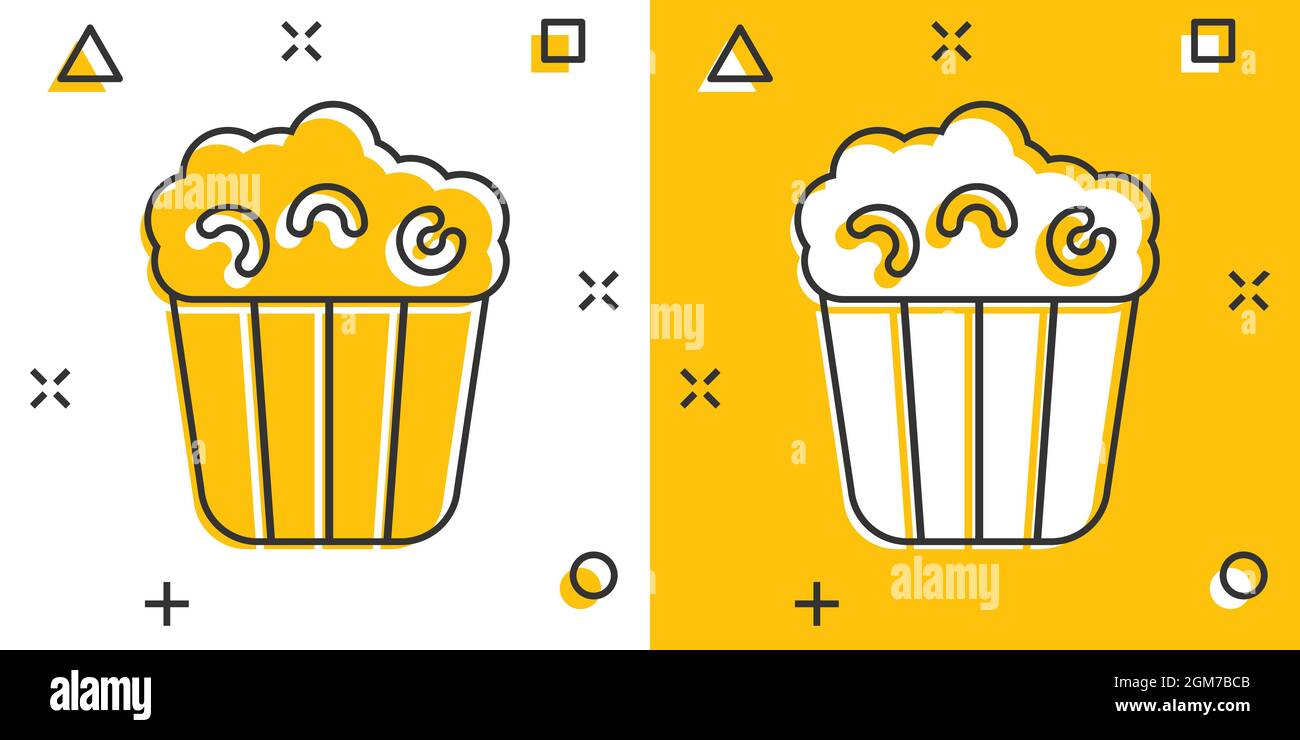 Filmikone im Comic-Stil. Popcorn Cartoon Vektor-Illustration auf weißem Hintergrund isoliert. Pop Mais Eimer Splash-Effekt Geschäftskonzept. Stock Vektor