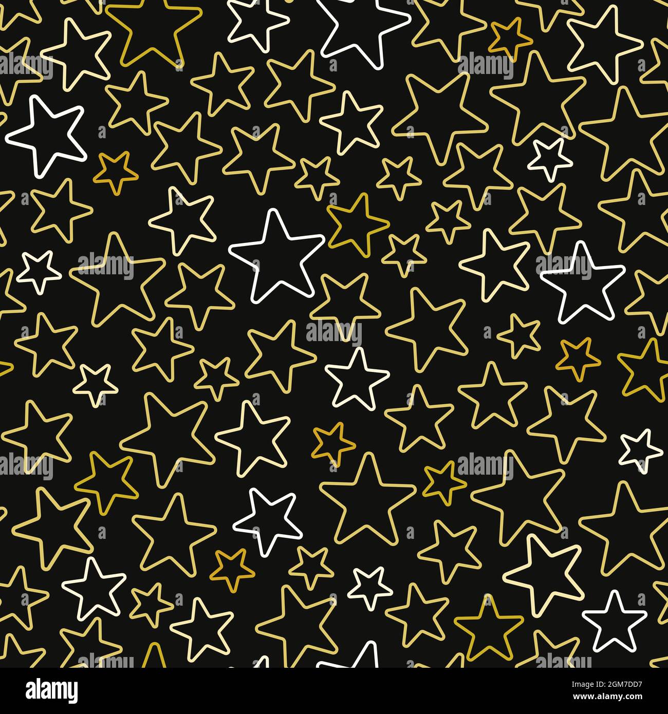 Goldene und weiße Sterne auf schwarzem Hintergrund nahtlose Mustervektordarstellung. Nacht Sternenhimmel Hintergrund. Vorlage für Verpackung, Tapete und fa Stock Vektor