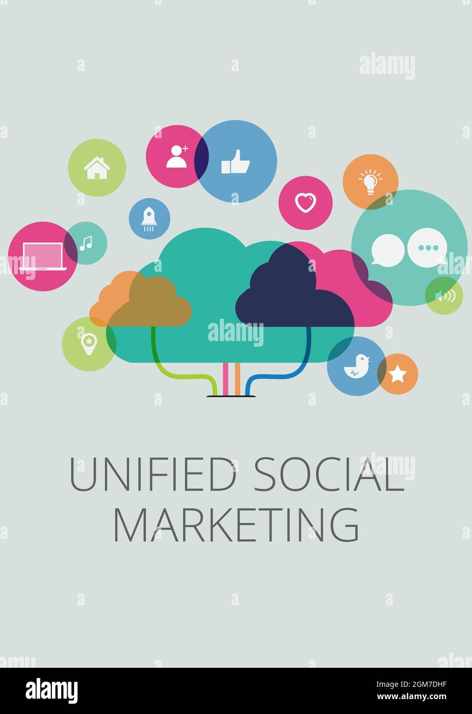 Einheitlicher Social-Marketing-Text für die Cloud und mehrere digitale Symbole auf grauem Hintergrund Stockfoto