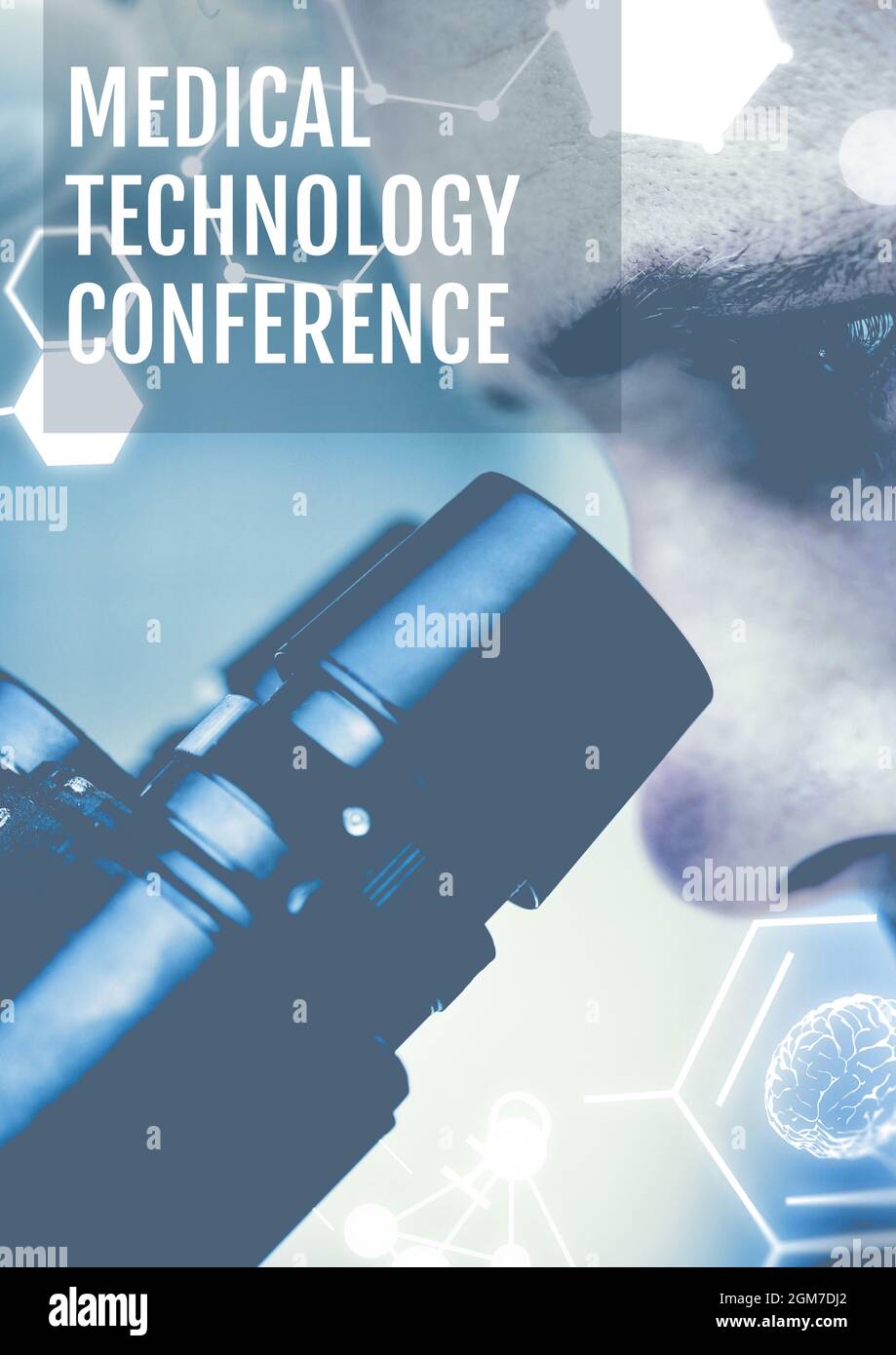 Konferenztext für Medizintechnik gegen die Nahaufnahme eines männlichen Gesundheitshelfer mit Mikroskop Stockfoto