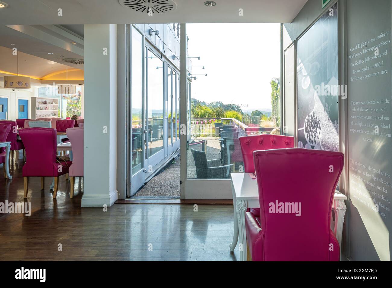 Das Tea Terrace Restaurant & Tea Room im Kaufhaus House of Fraser in Guildford, Surrey, Großbritannien, mit Blick auf den Jellicoe Roof Garden Stockfoto