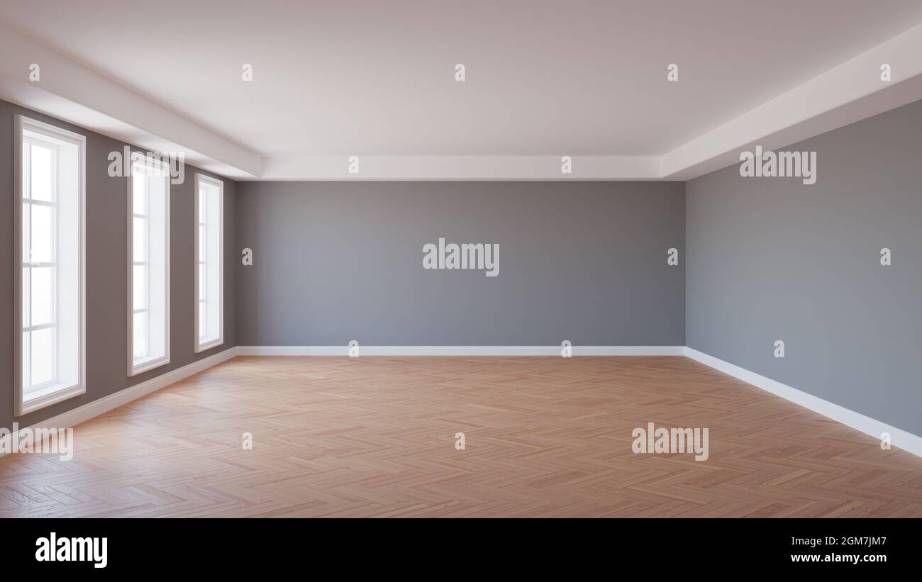 Leere Innenausstattung mit grauen Wänden und Parkettboden, 3d-Rendering Stockfoto