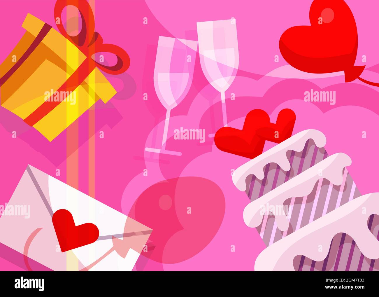 Hochzeitsbanner mit Kuchen und Geschenken. Postkartenmotiv im Cartoon-Stil. Stock Vektor