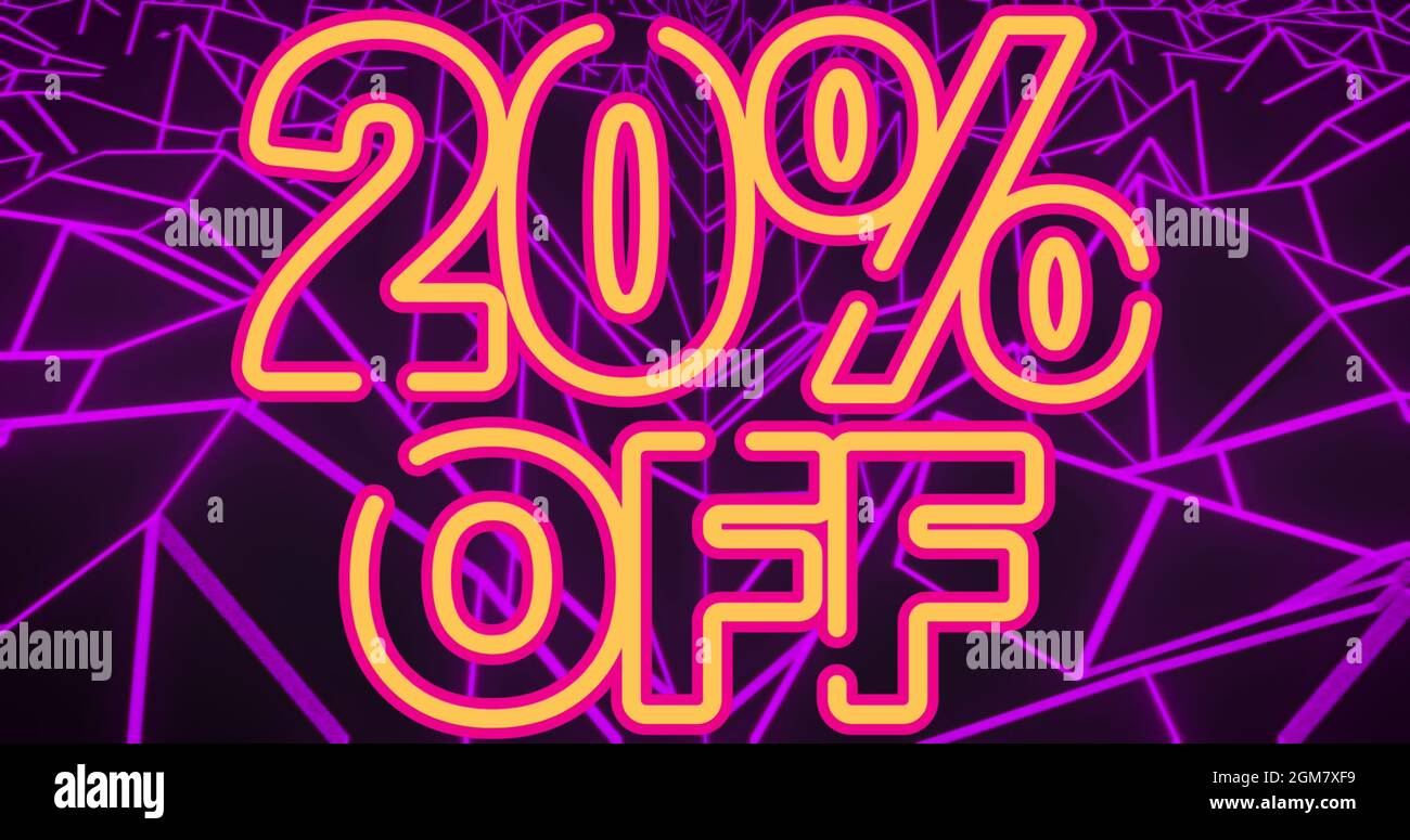 Bild von 20 Prozent weniger Neontext auf violetten Würfeln im Hintergrund Stockfoto