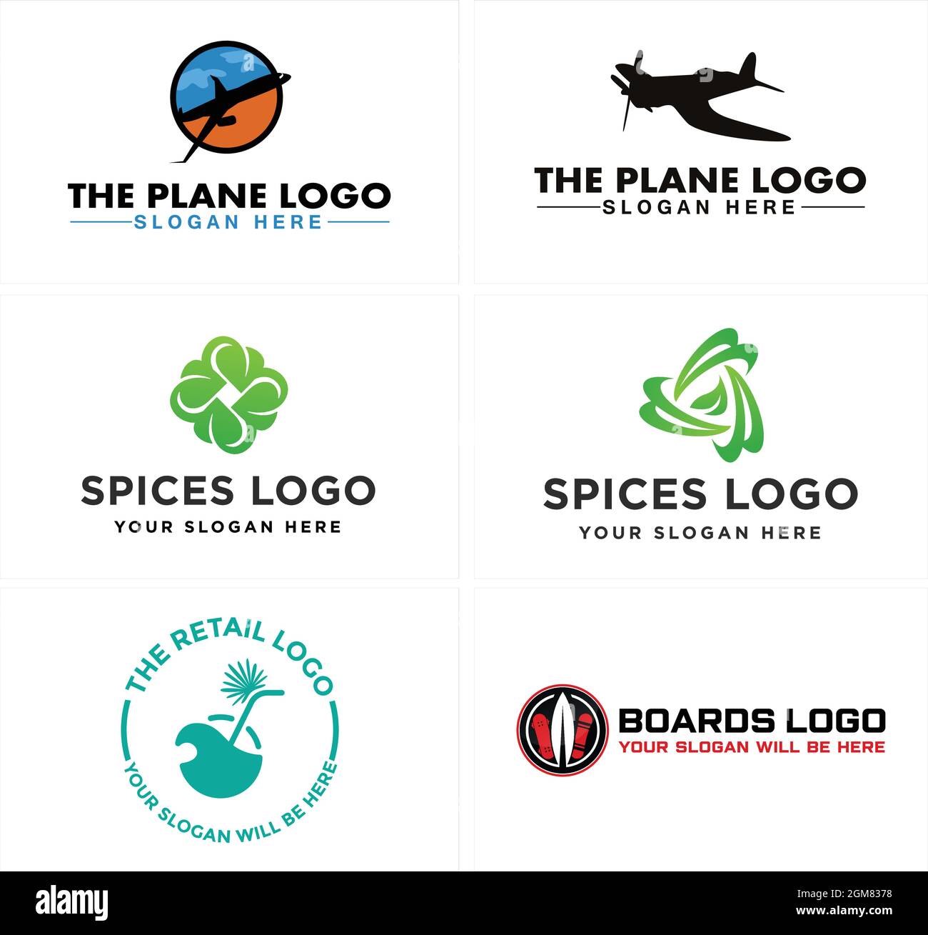 Flugzeug würzt Kokosnussgetränk und Skateboards Logo Design Stock Vektor