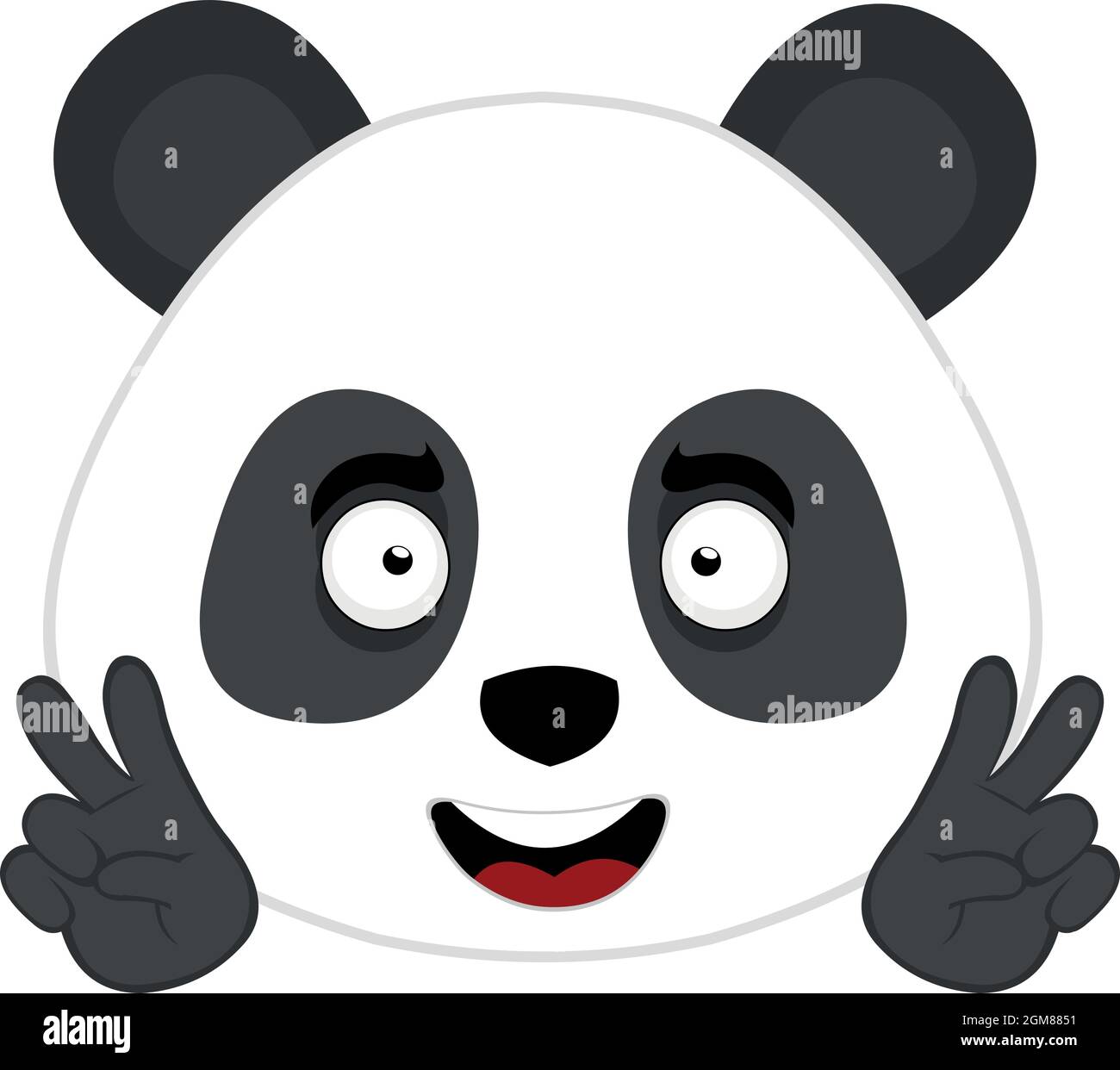 Vector Emoticon Illustration des Gesichts eines Cartoon Panda Bär macht das Symbol des Friedens und der Liebe oder V für den Sieg mit seinen Händen Stock Vektor