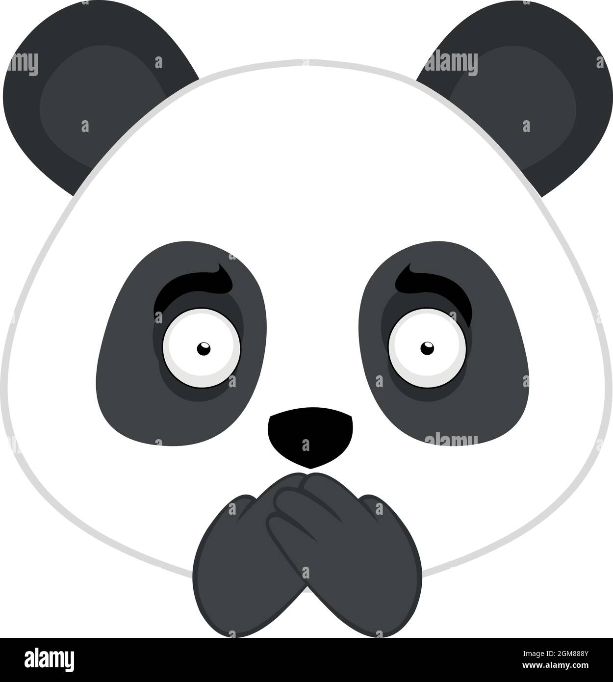Vector Emoticon Illustration des Gesichts eines Cartoon Pandas bedeckt seinen Mund mit seinen Händen Stock Vektor