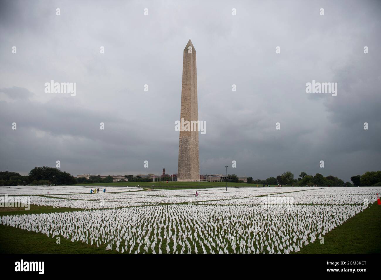 Washington, Vereinigte Staaten Von Amerika. September 2021. Mehr als 660,000 weiße Flaggen, die die Anzahl der durch Covid-19 verlorenen US-Opfer repräsentieren, sind am Donnerstag, den 16. September 2021, gegenüber der National Mall in Washington, DC, zu sehen. Das Projekt der Künstlerin Suzanne Brennan Firstenberg mit dem Titel „in America: Remember“ wird vom 17. September 2021 bis zum 3. Oktober 2021 zu sehen sein. Quelle: Rod Lampey/CNP/Sipa USA Quelle: SIPA USA/Alamy Live News Stockfoto