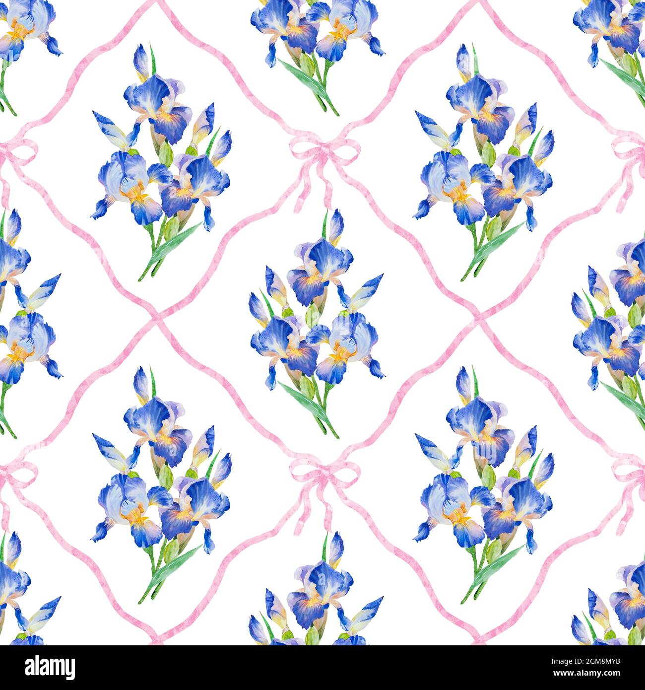 Aquarell Hand malen Iris Blume, nahtlose Muster. Schöne Iris Blumen und Blätter auf weißem Hintergrund. Stockfoto
