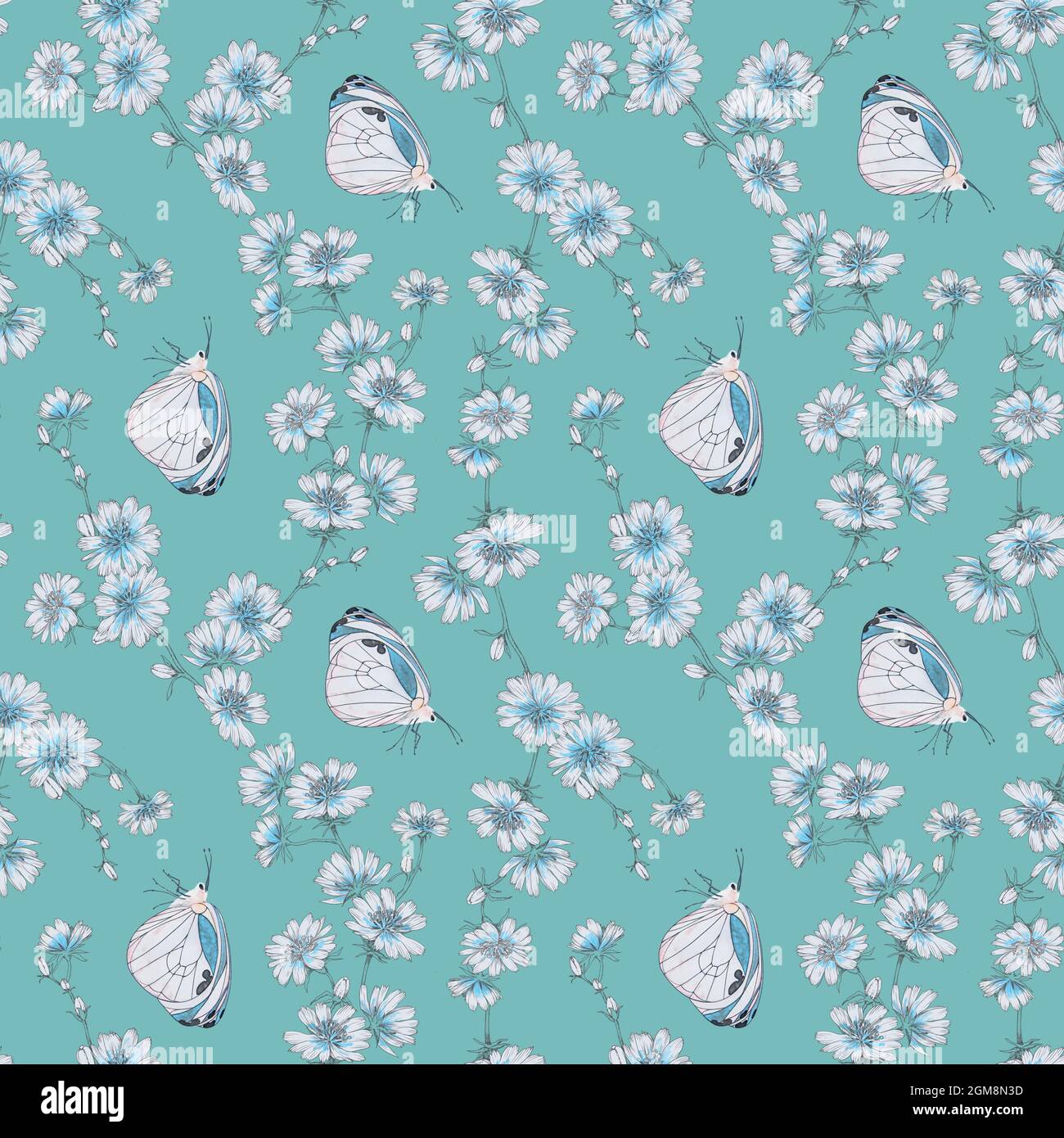 Nahtloses Muster im Schmetterlingsdesign. Blumenmuster mit Wildblumen auf hellblauem Hintergrund. Stockfoto