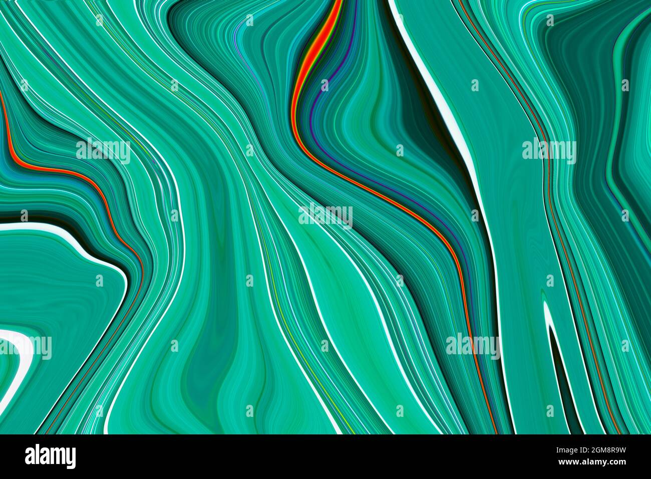 Fließender Hintergrund. Wellenfarbe Flüssigkeitsform. Grün, Weiß und Orange Farben. Abstraktes Design, Flow Backgound Stockfoto