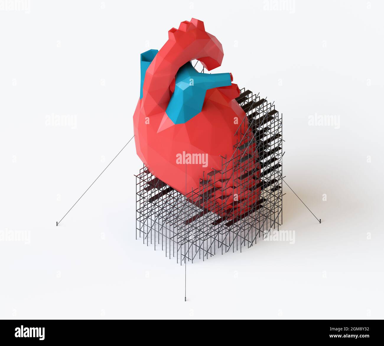 3d-Illustration des Low-Poly-Konzepts zur Herzreparatur des menschlichen Herzens. Isometrisches 3d-Rendering des Herzens mit Gerüsten darauf Stockfoto