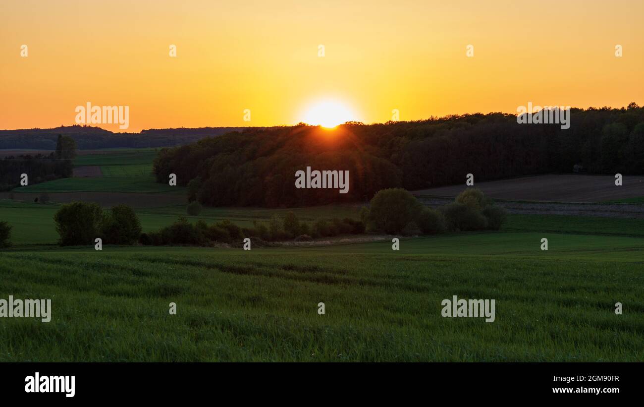 Goldener Sonnenuntergang über dem Feld mit warmem Abendhimmel im Sommer in Deutschland. Landschaftlich schöner Blick auf die Landschaft und die Hügel Stockfoto