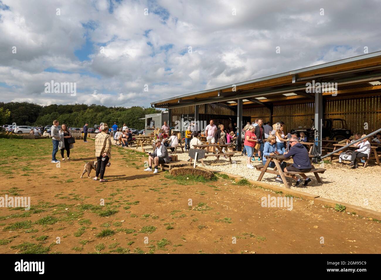Chipping Norton, Oxfordshire, England, Großbritannien. 2021. Die Scheune und die Kunden essen und trinken von der Bar im Diddly Squat Farm Shop in der Nähe von Chipping Norton i Stockfoto