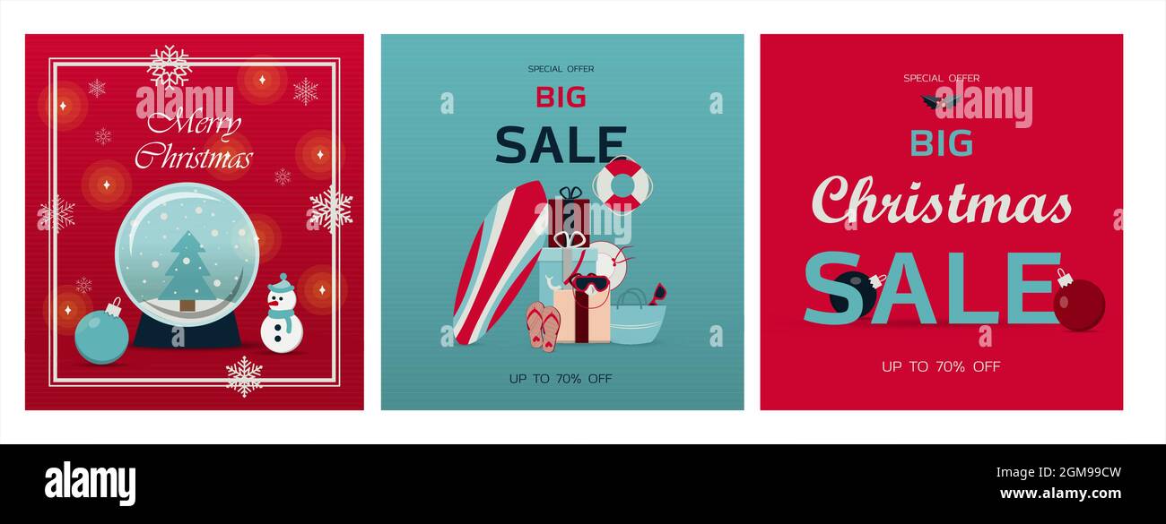 Set von weihnachtskarten. Vektor-Vorlage für Winterferien. Banner für den Verkauf im neuen Jahr, den schwarzen Freitag oder Weihnachtsrabatte. Flaches Design Stock Vektor