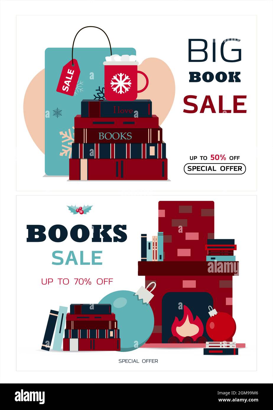 Set von weihnachtskarten. Vektor-Vorlage für Winterferien. Banner für den Verkauf im neuen Jahr, den schwarzen Freitag oder Weihnachtsrabatte. Flaches Design Stock Vektor