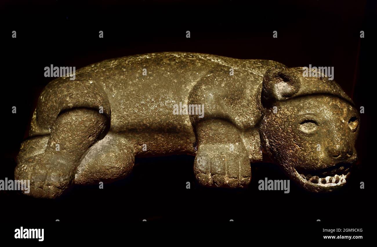 Liegender Jaguar Mitte des 14. Jahrhunderts 1521 basaltische Lava ( einer der aztekischen Militärbefehle wurde der Jaguar-Orden genannt ( die Azteken, mesoamerikanische Kultur, Zentralmexiko 1300 bis 1521 (14.-16. Jahrhundert), Aztekenreich, Tenochtitlan, Stadtstaat der Mexica , Tenochca, Texcoco, Tlacopan, ) Stockfoto