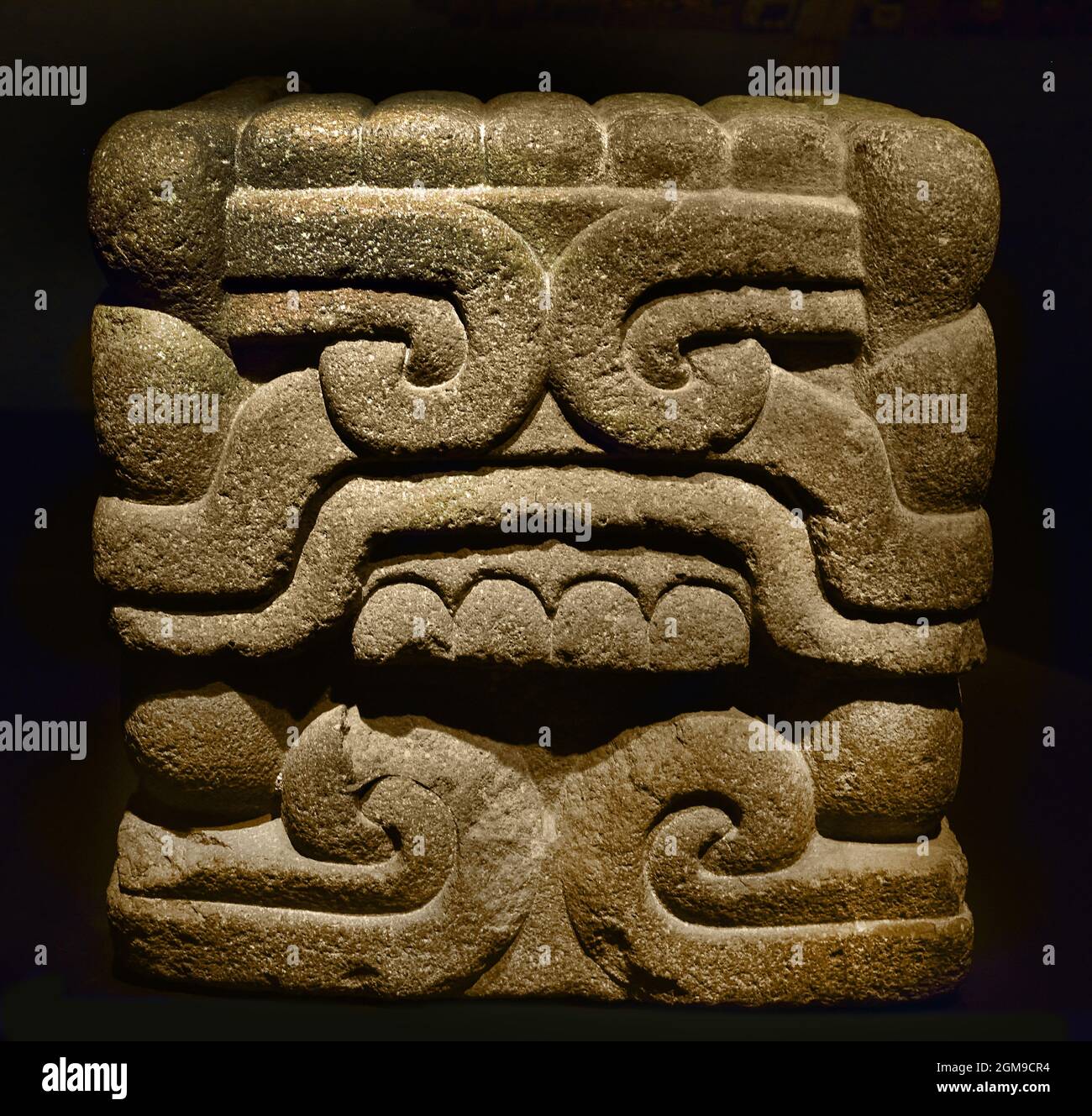 Schlangenkopf wahrscheinlich aus einer gefiederten Schlange 1350-1521 (stammt aus einem dem Gott Quetzalcoatl gewidmeten Gebäude) Rautenstrauchch Joest Museum, Azteken ( Azteken, mesoamerikanische Kultur, Zentralmexiko 1300 bis 1521 (14.-16. Jahrhundert), Aztekenreich, Tenochtitlan, Stadtstaat der Mexica , Tenochca, Texcoco, Tlacopan, ) Stockfoto