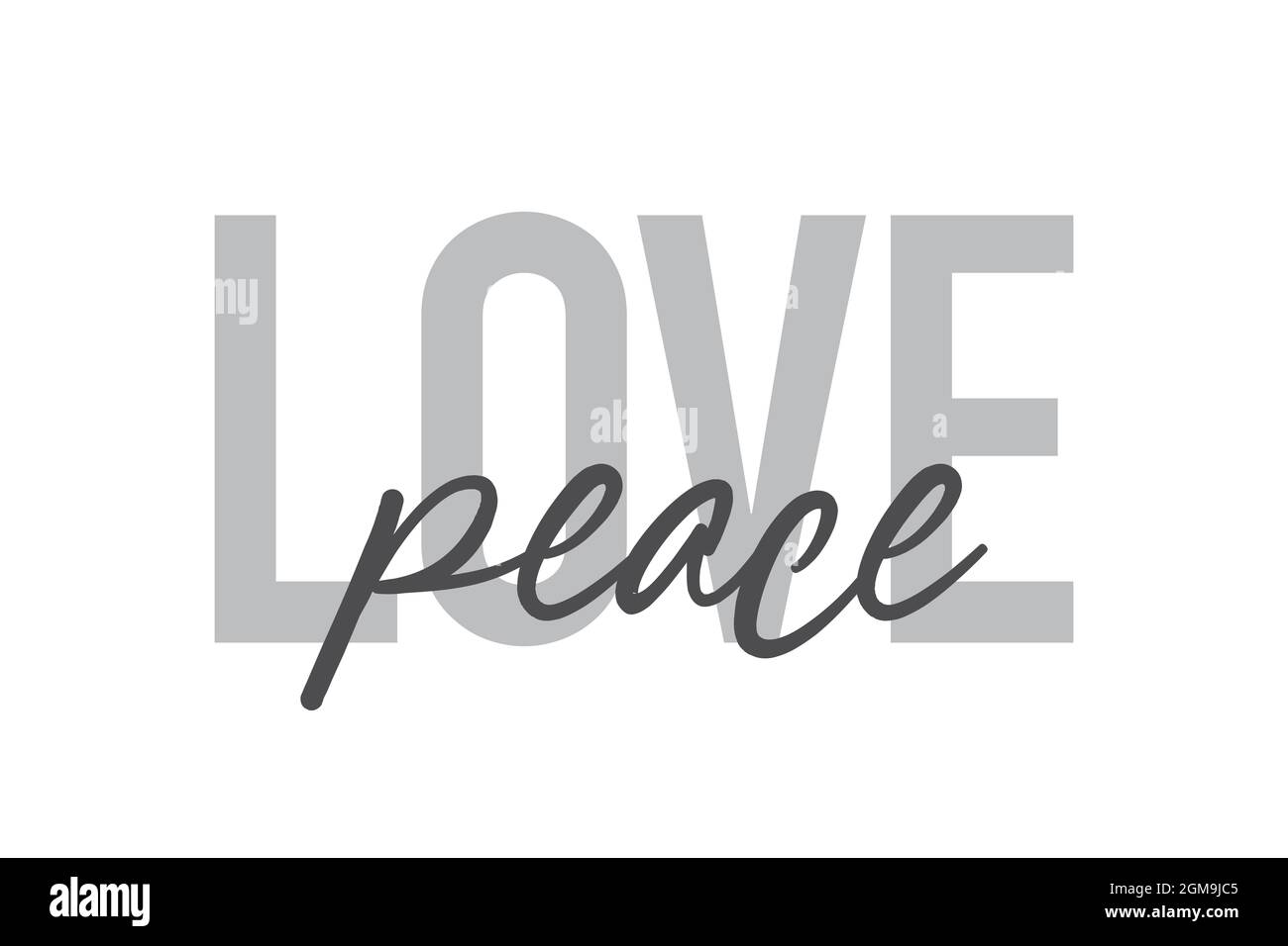 Modernes, schlichtes, minimalistisches typografisches Design mit dem Spruch „Love Peace“ in Grautönen. Coole, urbane, trendige und verspielte Grafik-Vektorgrafik mit ha Stockfoto