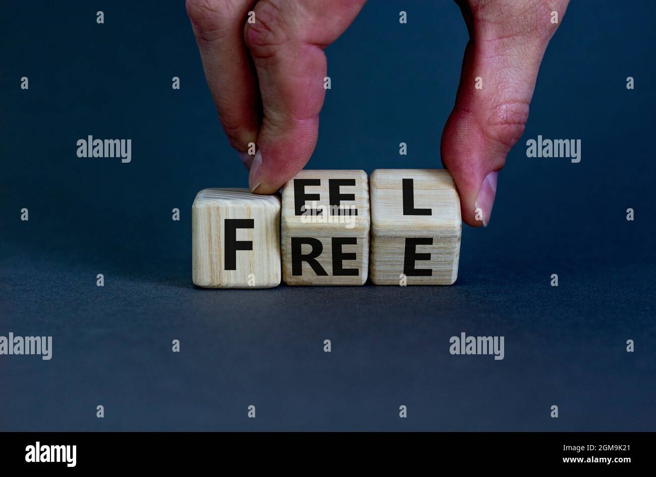 Symbol „Feel free“. Geschäftsmann dreht Holzwürfel mit den Worten „Feel free“ auf einem schönen grauen Hintergrund. Speicherplatz kopieren. Psychologie und sich frei fühlen c Stockfoto