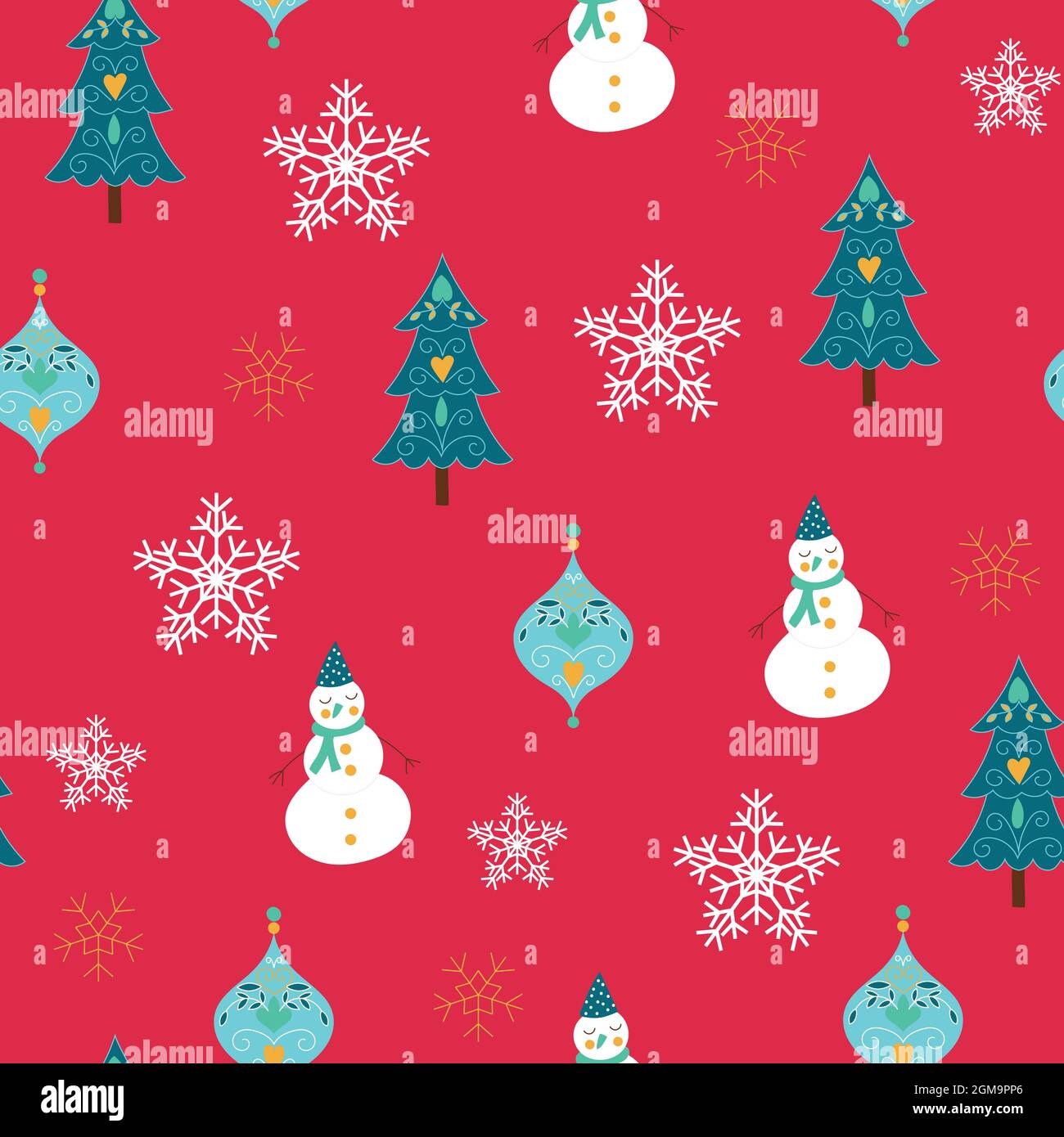 Weihnachtliches nahtloses Musterdesign mit Schneemann, Weihnachtsbaum und Schneeflocken Stock Vektor