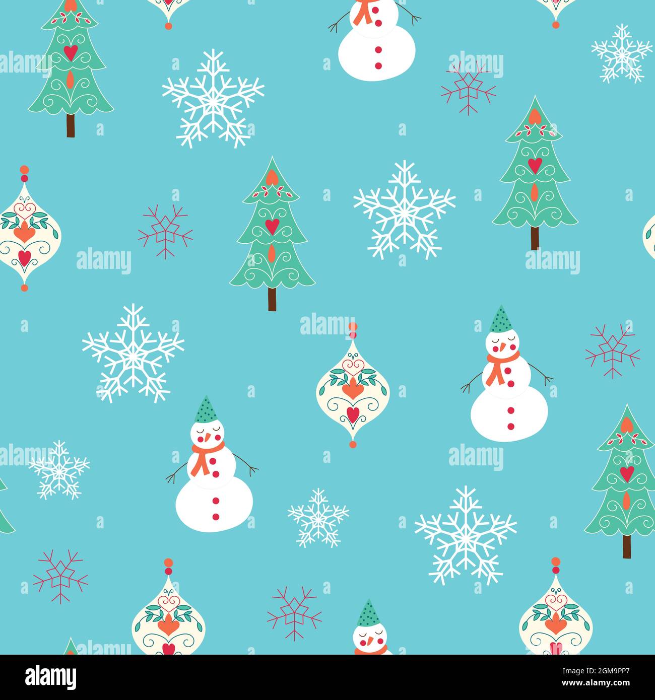 Weihnachtliches nahtloses Musterdesign mit Schneemann, Weihnachtsbaum und Schneeflocken Stock Vektor