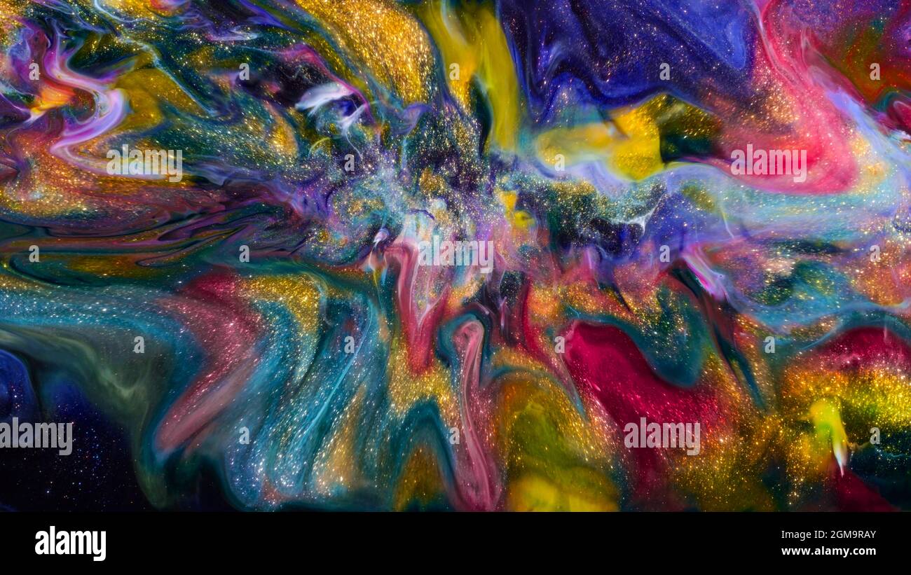 Fluide Liquide Art Acrylöl malt Textur. Abstrakter Mischeffekt im Hintergrund. Flüssiges Acryl Kunstwerk fließt Spritzer. Flüssige Kunsttextur Stockfoto