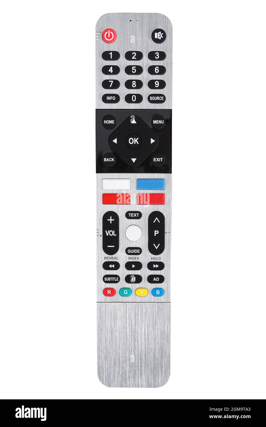 Fernbedienung über einen modernen grauen Fernseher, der auf weißem Hintergrund isoliert ist. Fernbedienung des Fernsehers Stockfoto