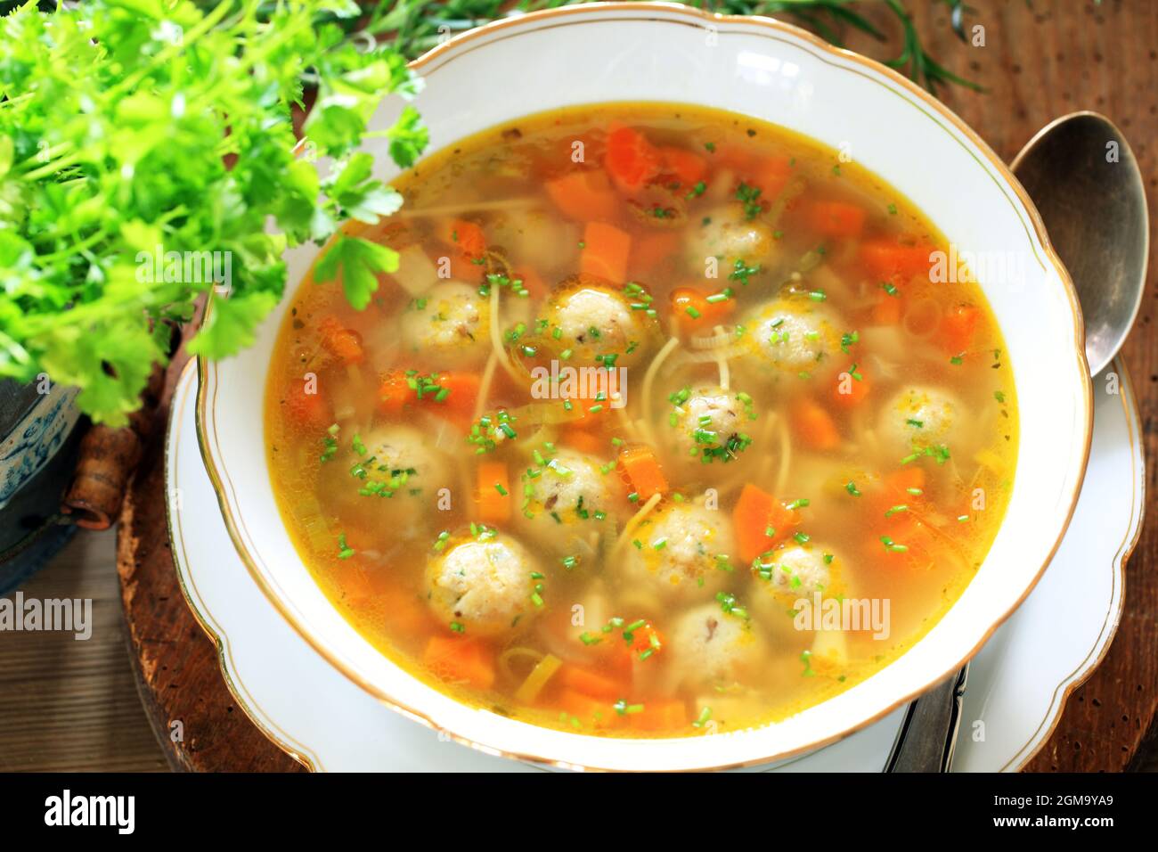 Gemüsesuppe auf Holzhintergrund Stockfoto