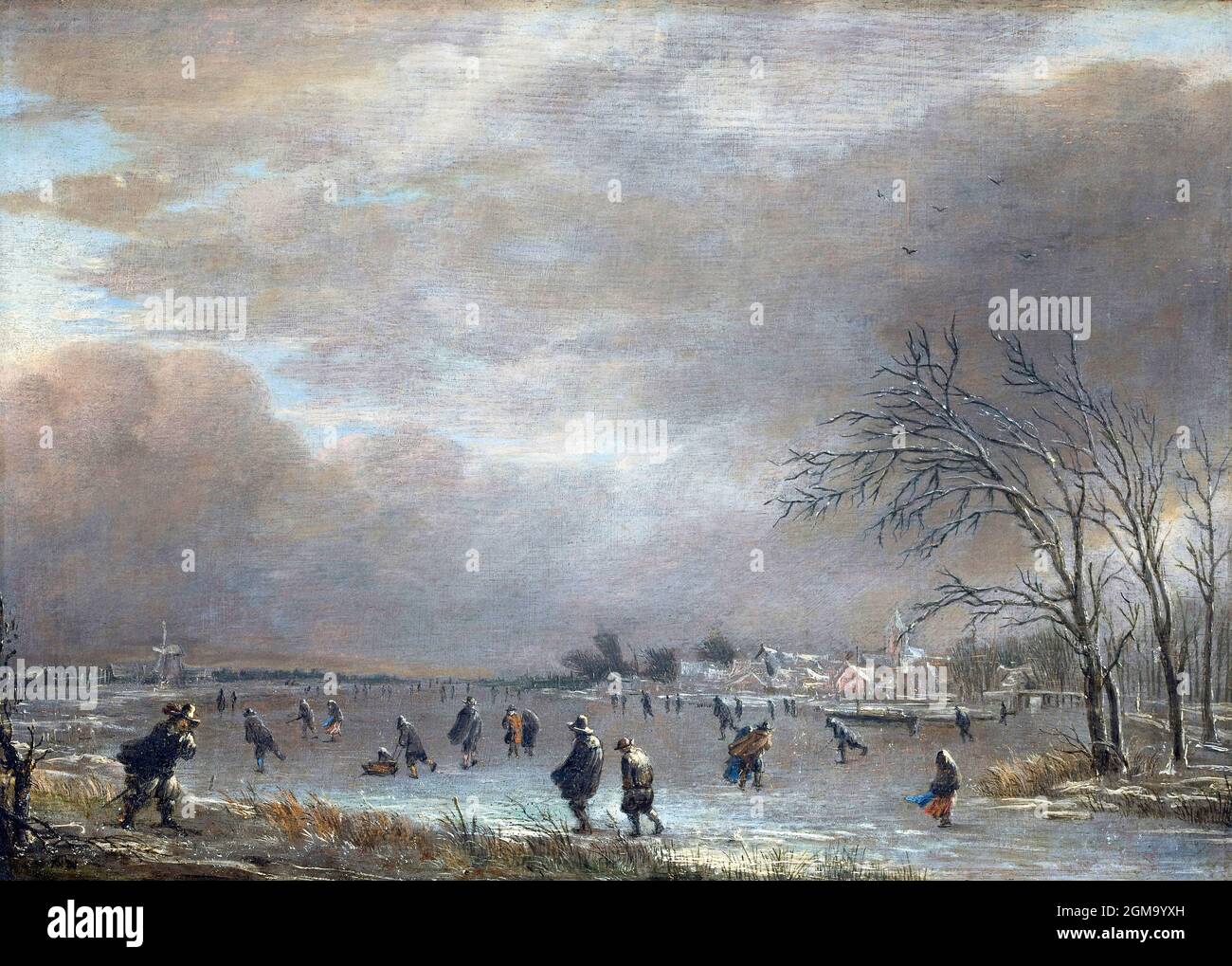 Winterlandschaft mit Skater auf einem gefrorenen Fluss von Aert van der Neer (oder Aernout oder Artus ; c. 1603 -1677), Öl auf Platte Stockfoto
