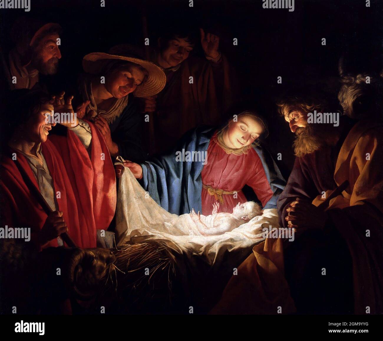 Anbetung der Hirten durch Gerard van Honthorst (Gherardo delle Notti, c. 1592-1656), 1622. Stockfoto