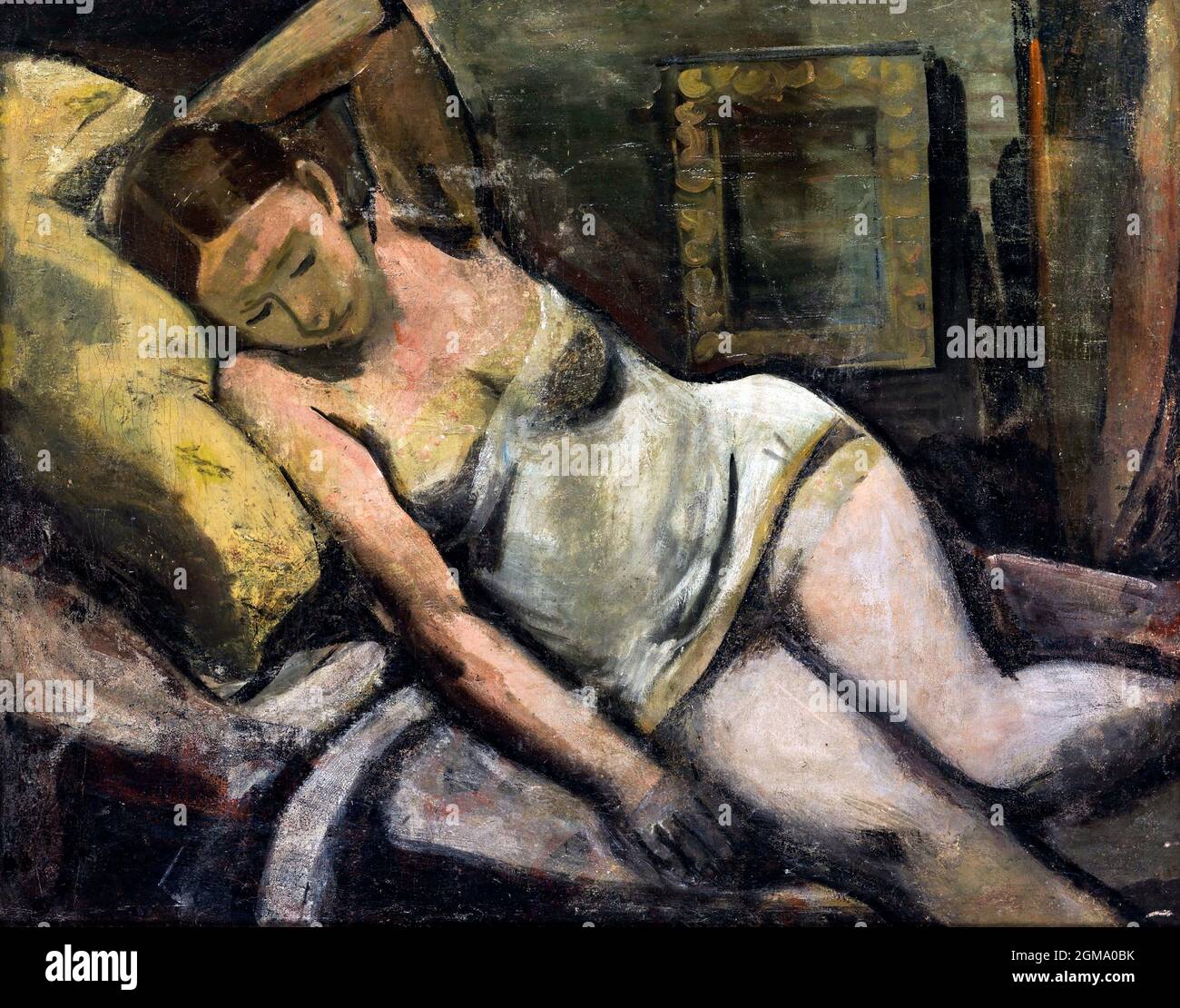 Frau, die auf einem gelben Kissen schläft (Donna che dorme su un cuscino giallo) des österreichischen Künstlers Louis Christian Hess (1845-1944), Öl auf Leinwand, 1928 Stockfoto
