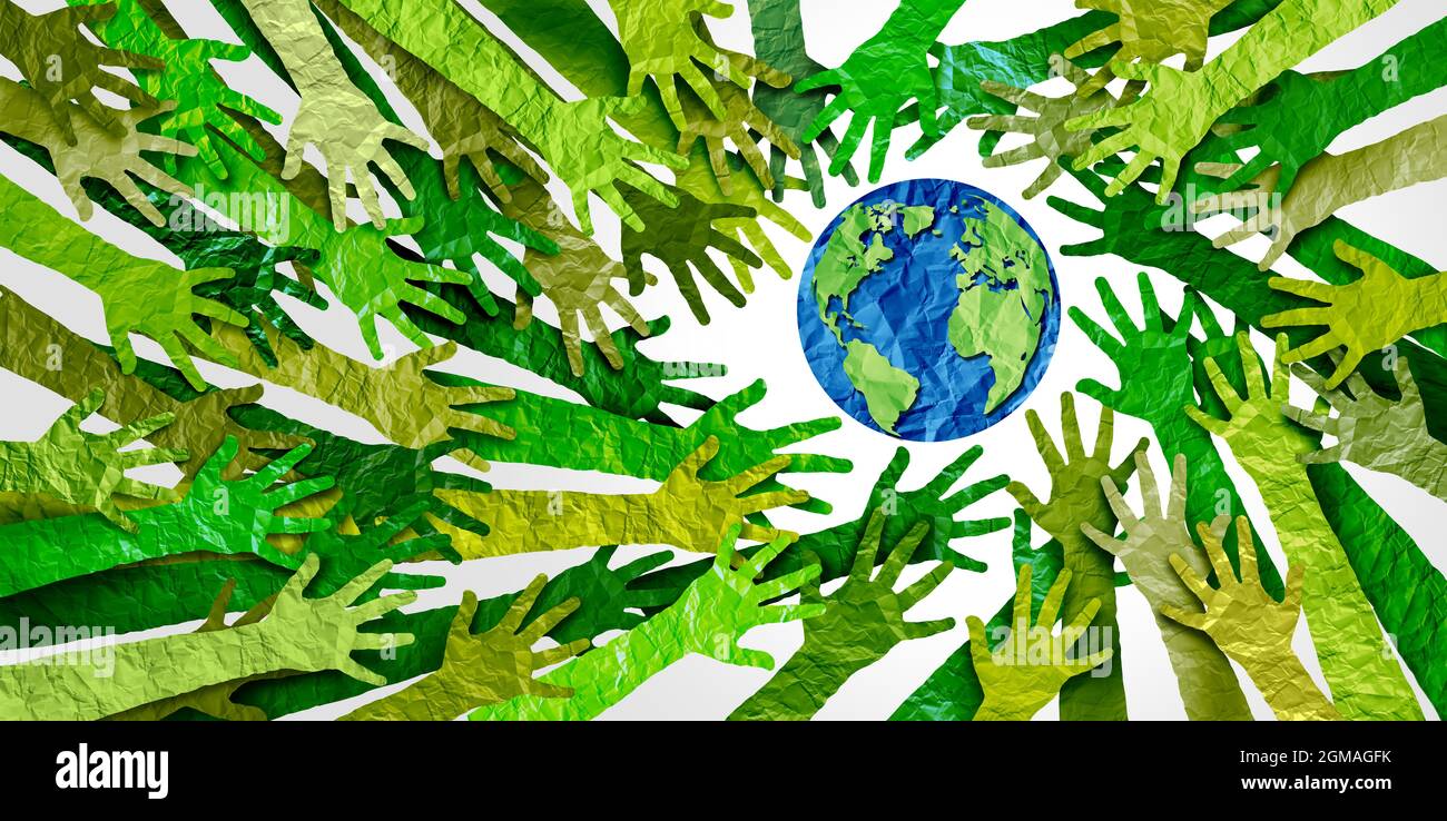 Happy Earth Day Feier als internationales Konzept des Klimawandels oder umweltfreundlicher Schutz von Lebensräumen als Papierschnitt-Papier-Hände unterstützen. Stockfoto