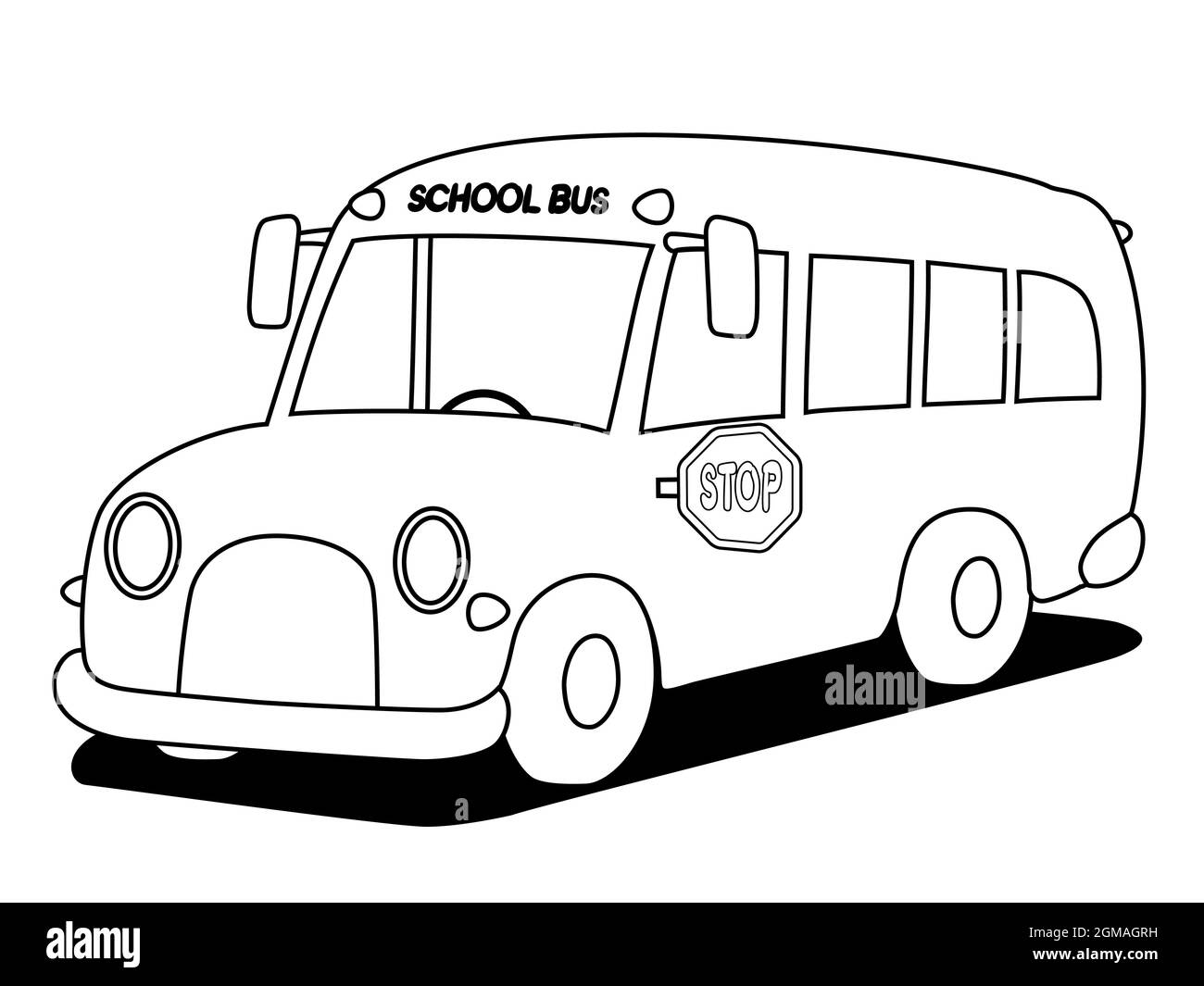 Schulbus Kinder Vektor Umriss Illustration. Student Transport Cartoon auf weiß isoliert. Stock Vektor