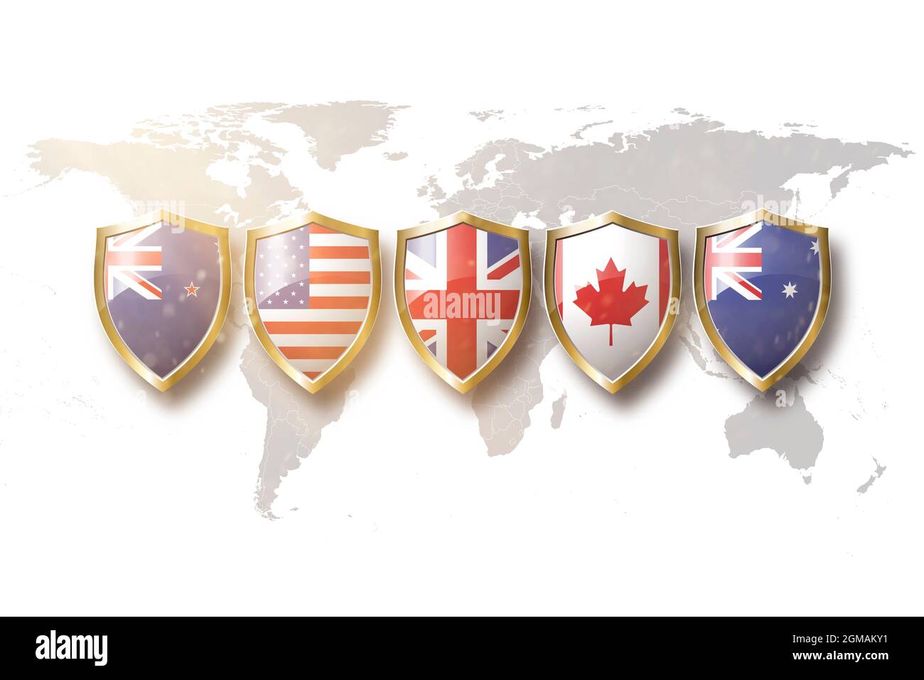 Australien, USA, Großbritannien, kanada und Neuseeland Flaggen in goldenem Schild auf der Weltkarte Hintergrund.5 Augen Allianz. Stockfoto