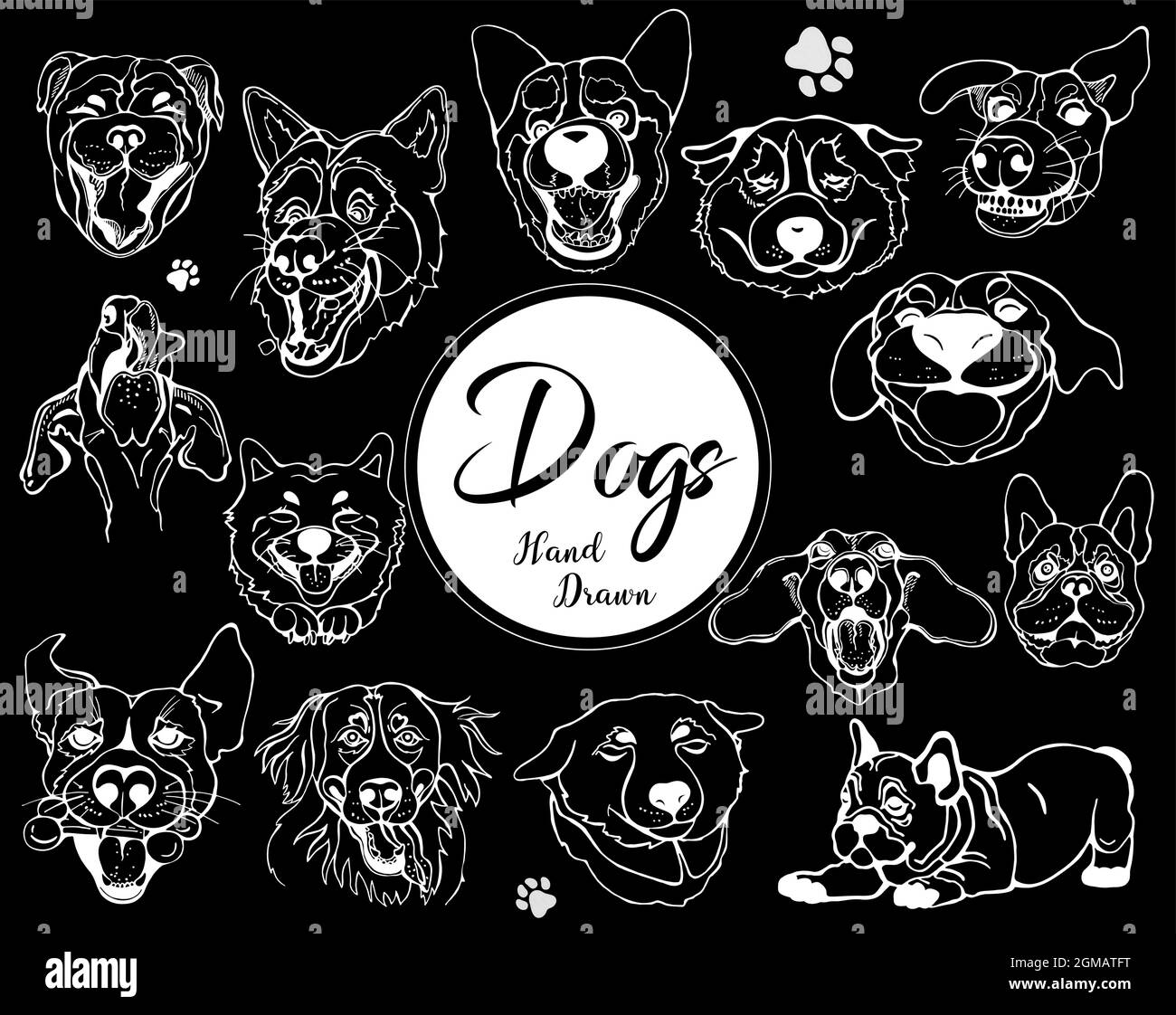 Satz von handgezeichneten Skizze Stil Hund Gesichter isoliert auf schwarzem Hintergrund. Vektorgrafik. Stock Vektor
