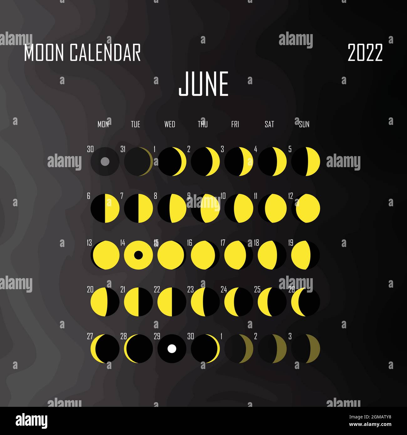 Juni 2022 Mondkalender. Astrologisches Kalenderdesign. planer. Platz für Aufkleber. Modell des Monatszyklus-Planers. Isolierter Schwarzweiß-Hintergrund Stock Vektor