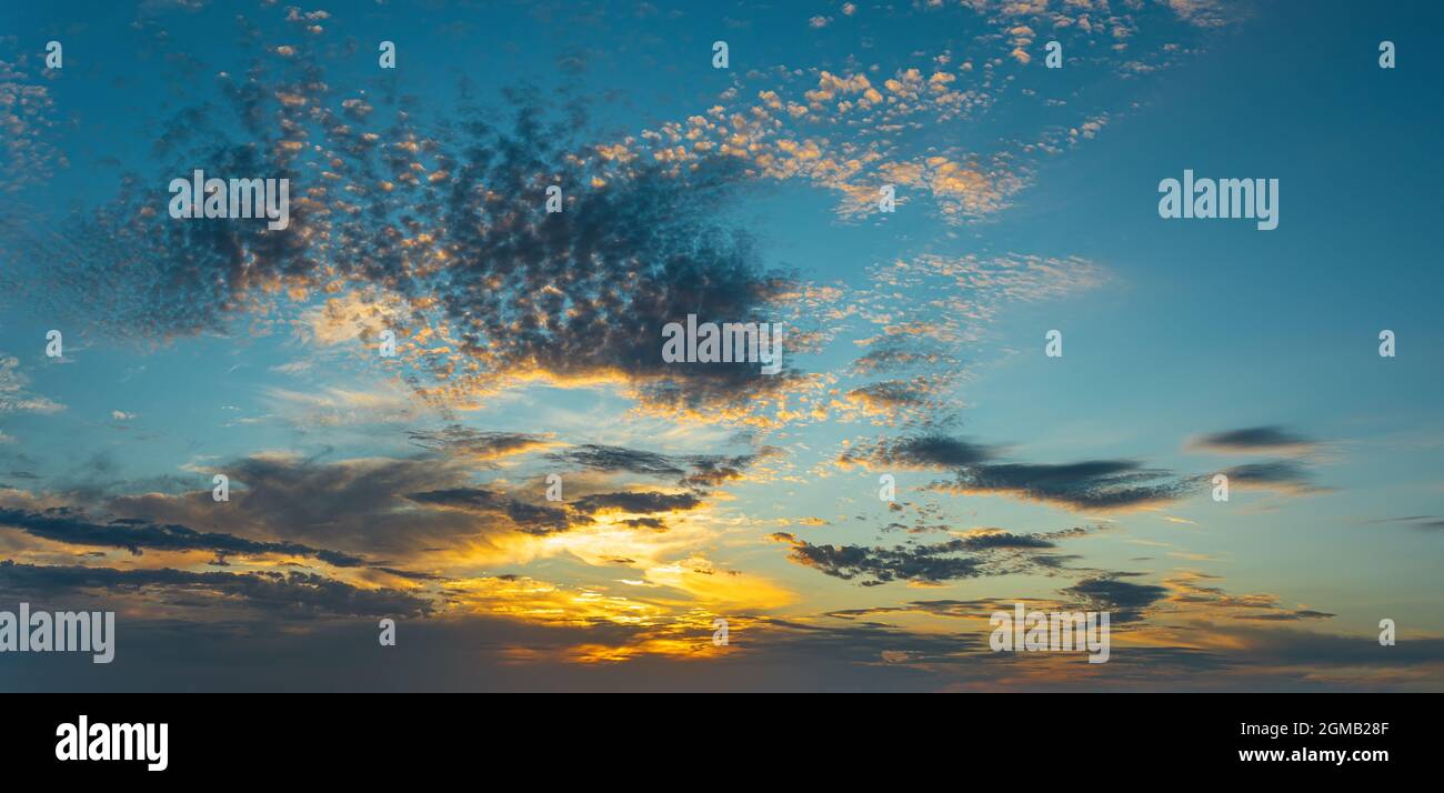 September Sonnenuntergang Himmel ruhiges Panorama. Goldene, wispy Wolken verstreuten sich über den blauen Abendhimmel. Breites Banner für Wettervorhersagen, Herbstferien Stockfoto