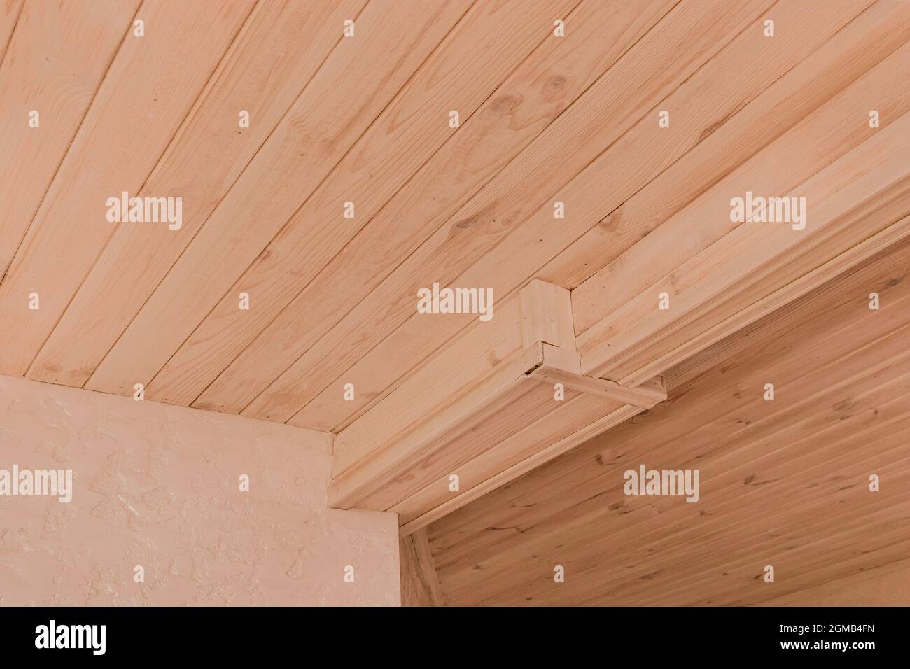 Modernes Interieur mit hellem Holz-Deckendesign-Apartment im Innenhaushintergrund. Stockfoto