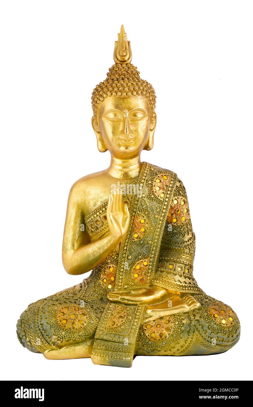 Gold Buddha Statue isoliert auf weißem Hintergrund mit Beschneidungspfad Stockfoto