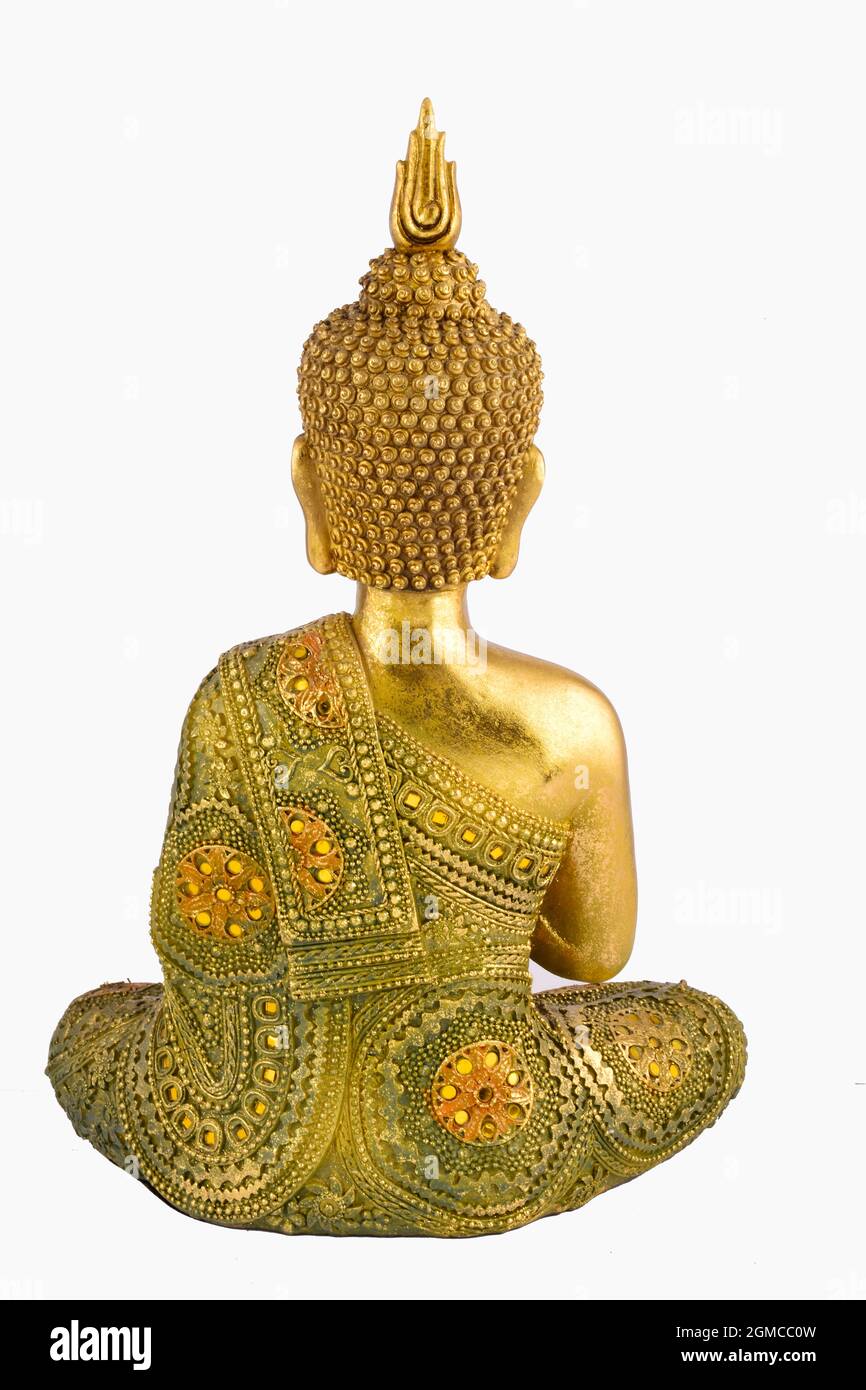 Rückansicht der Buddha Statue isoliert auf weißem Hintergrund mit Beschneidungspfad Stockfoto