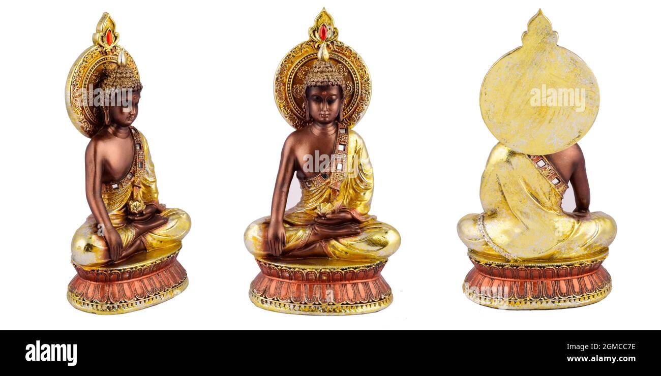 Goldene Buddha-Figur isoliert auf weißem Hintergrund mit Beschneidungspfad Stockfoto