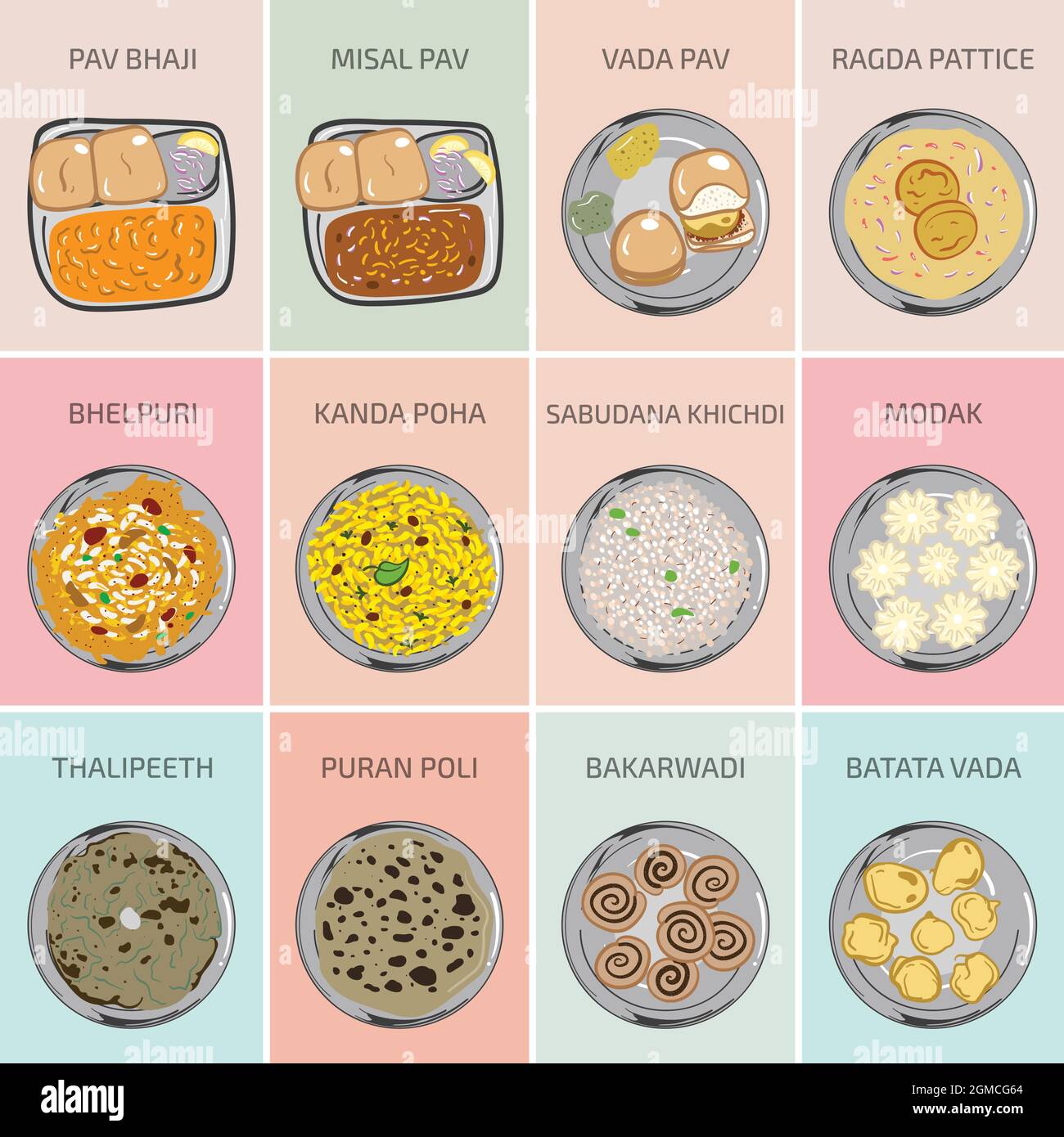 Indische Lebensmittel Vektorgrafiken. Marathi Maharashtra Food. Hauptgericht Frühstück, Mittag- und Abendessen in Indien. Vada Pav Misal Pav Pav Bhaji Kanda Poha Stock Vektor