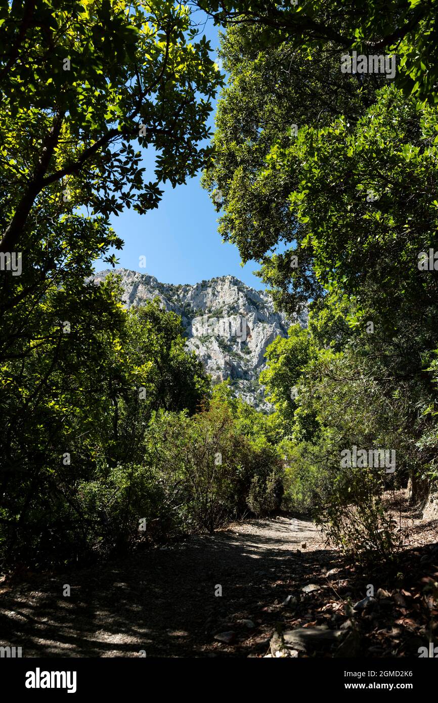 Atemberaubender Blick auf einen Weg, der zur Gorropu-Schlucht führt. Stockfoto